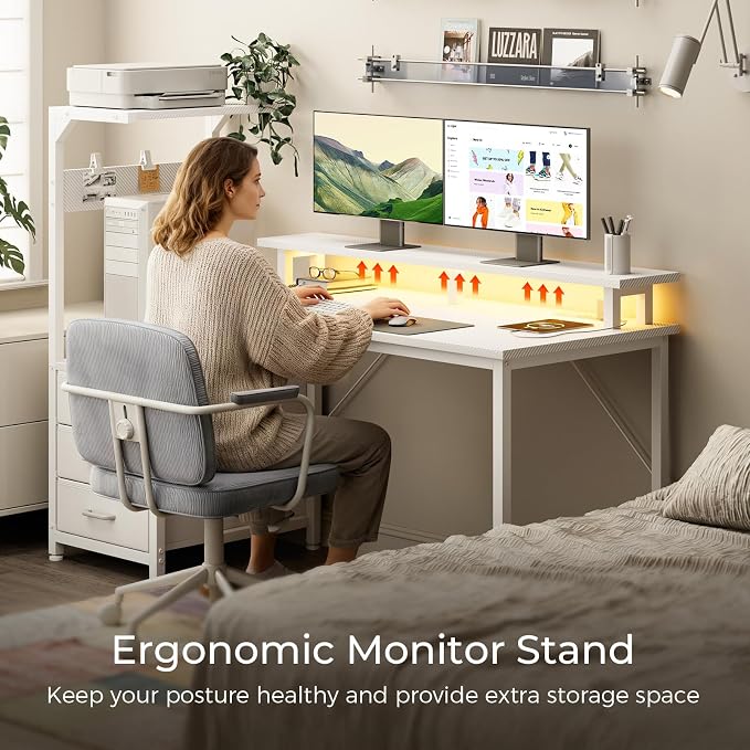 AODK 59 Inch Gaming Desk with USB Charging Ports & LED Light- Reversible Computer Desk with Storage Shelves & Monitor Stand, Modern Gamer Desk Table with Fabric Drawers, White - Image 8