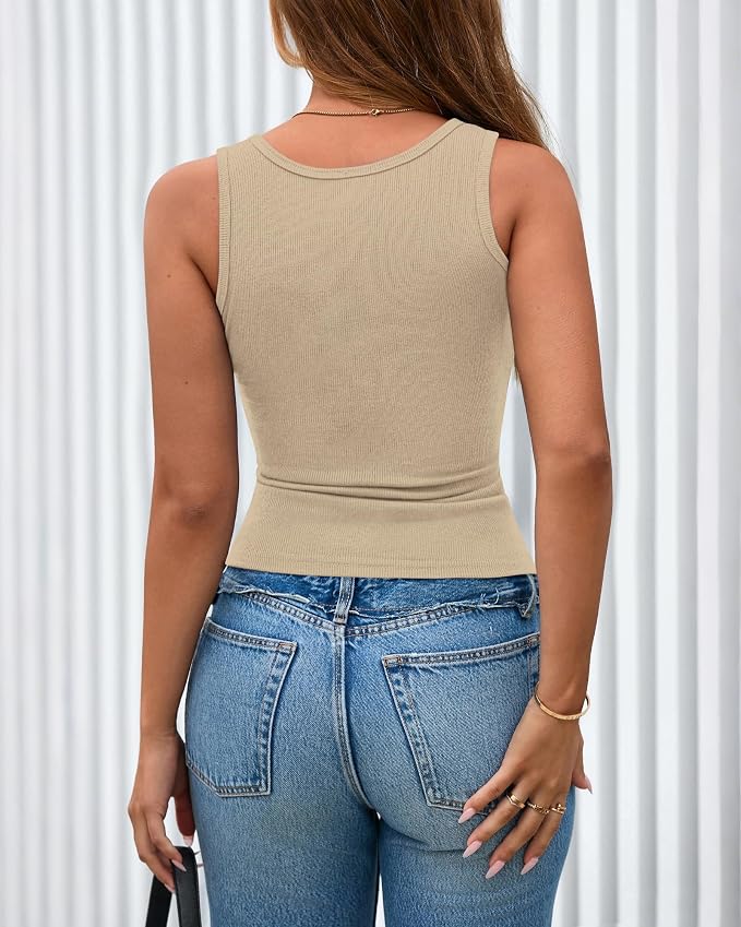BTFBM Summer Tops for Women 2026 Scoop Neck Ribbed Henley Button Sleeveless Casual Spring Basic Tank Top Clothes Outfits - Image 3