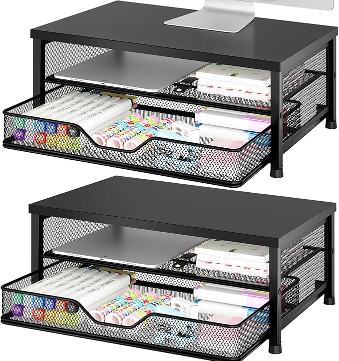 OPNICE Computer Monitor Stand Riser, Desk Organizer with Drawer, Printer & Laptop Stand, Office Desk Accessories & Workspace Desktop Organizers Storage for Office Supplies(Black 2-Pack) by OPNICE