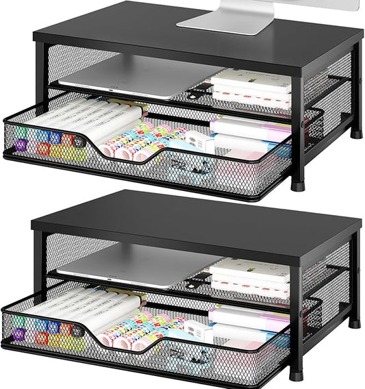 OPNICE Computer Monitor Stand Riser, Desk Organizer with Drawer, Printer & Laptop Stand, Office Desk Accessories & Workspace Desktop Organizers Storage for Office Supplies(Black 2-Pack) by OPNICE