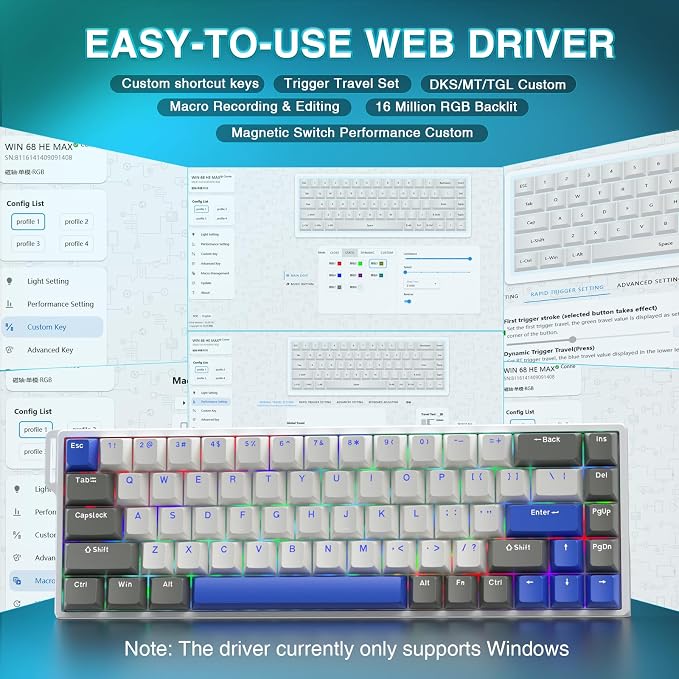 AULA WIN68 HE MAX - Hall Effect Gaming Keyboard with Magnetic Switch, Adjustable Actuation Fast Trigger Mode, 8KHz Polling Rate, RGB Backlit Wired Mechanical Gaming Keyboard 60 Percent Compact Design - Image 5
