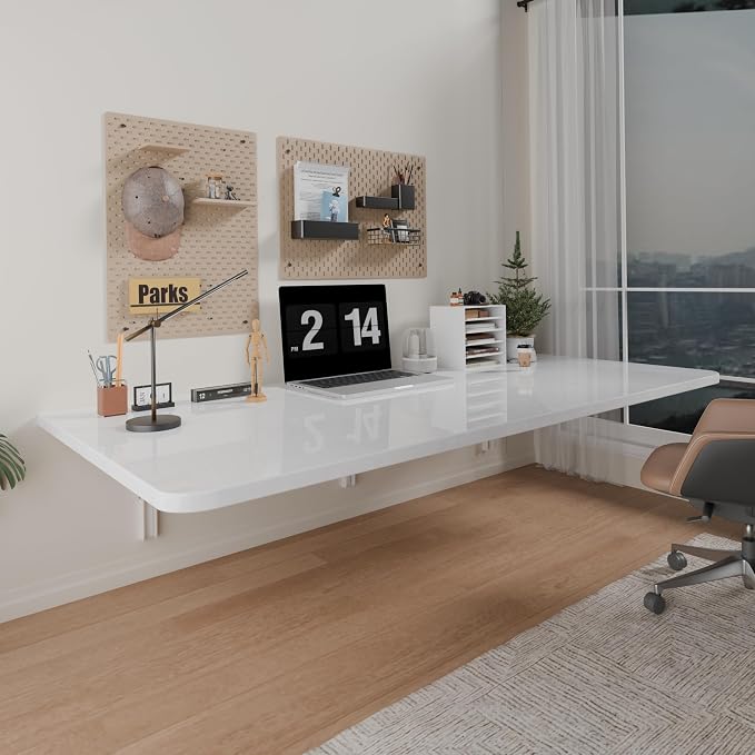 IAE 48x22in Floating Fold Desk,Wall-Mounted Folding Computer Table,White | Study Table with Shelf Brackets,Foldable Down Shelf with Engineered Wood,Fold Computer Desk for Small Apartment,Holds 509 lb by IAE