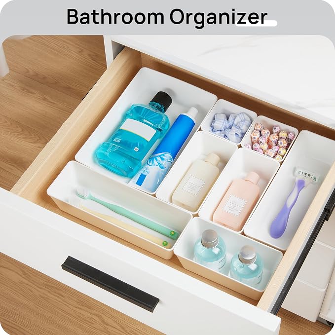 Vtopmart 44 PCS Plastic Drawer Organizer Set, Vanity Organizer Trays, White | 4-Size Versatile Makeup Organizer, Non-Slip Storage Containers for Makeup, Jewelries, Bedroom，Kitchen Utensils and Office - Image 5