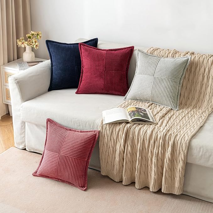 MIULEE Decorative Throw Pillow Covers for Couch Bed Livingroom 18x18 Inch Set of 2 Cranberry Red Boho Accent Throw Pllows Broadside Striped Patchwork Soft Corduroy Pillowcases - Image 4