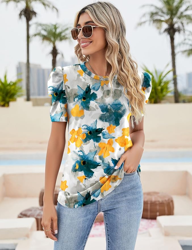 Ivicoer Puff Short Sleeve Shirt for Women Eyelet Tops Summer Crewneck Blouse Loose Fit S-XXL - Image 3