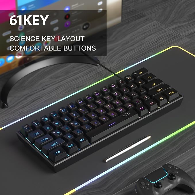 MageGee Mini 60% Gaming Keyboard, RGB Backlit 61 Key Ultra-Compact Keyboard, TS91 Ergonomic Waterproof Mechanical Feeling Office Computer Keyboards for PC, MAC, PS4, Xbox ONE Gamer(Black) - Image 5