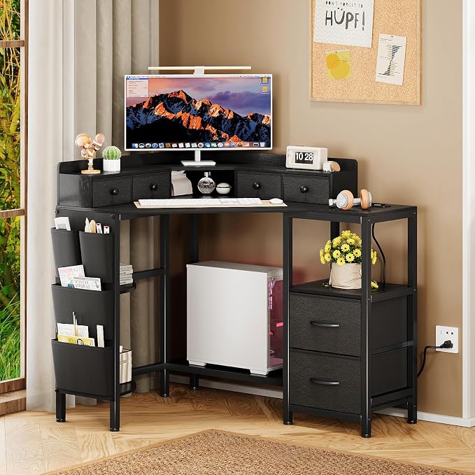 VENNQD Corner Desk with 6 Drawers Shelves for Small Space Computer Desk with Power Outlets,Gaming Desk with Printer Monitor Stand Storage for Home Office Workstation Writing Table (Black, 31.5) - Image 3