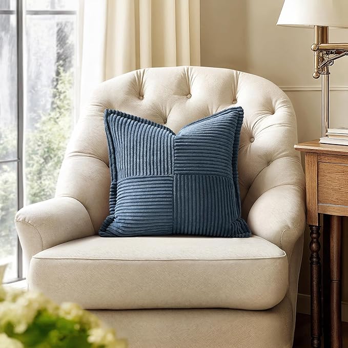 MIULEE Blue Corduroy Pillow Covers 16x16 Inch with Splicing Set of 2 Soft Boho Striped Pillow Covers Broadside Decorative Textured Summer Coastal Pillowcases for Couch Cushion Bed Livingroom - Image 4