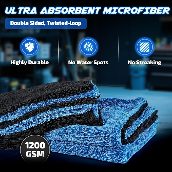 SMINDER 2-Pack 1200 GSM Car Drying Towels – Microfiber Towels for Cars (36" x 24"), Ultra-Absorbent, Streak-Free, Scratch-Free, No Water Spots, Double-Twist Pile & Edgeless Design(Blue) - Image 5
