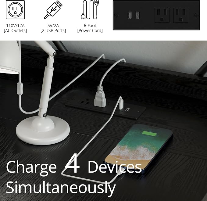 IRONCK Computer Desk 55" with Power Outlet and Storage Shelves, Study Writing Table with USB Ports Charging Station, PC Desk Workstation for Home Office, Black - Image 4