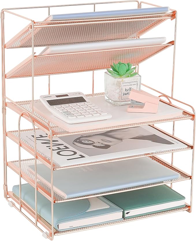OPNICE Desk Organizers and Accessories, 6-Tier Letter Tray Paper Organizer, Desktop File Organizer, Office Desk Accessories for Office Supplies (Rose Gold) by OPNICE