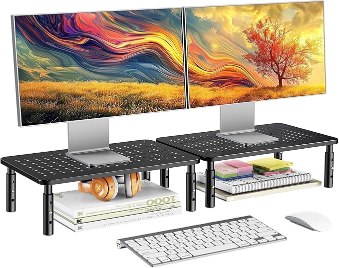 HUANUO Monitor Stand for Desk, Computer Monitor Stand Height Adjustable, Monitor Riser for 2 Monitors, Laptop Stand for Desk, 2 Pack, Black by HUANUO
