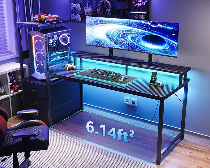 AODK Gaming Desk w/PC Showcase Stand, 59" Reversible, RGB LED, Black | Elevated stand fits Lian Li O11, Hyte Y60. Triple drawers hide cables, controllers, clutter - Image 2