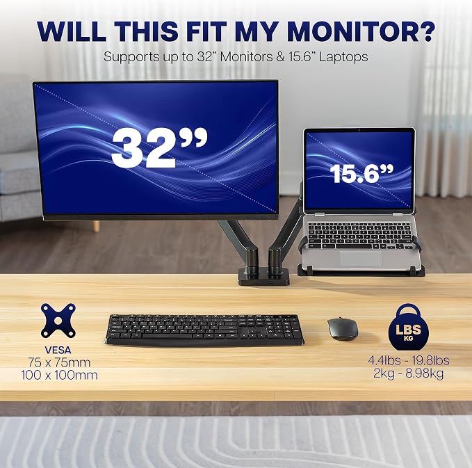 VIVO Universal Adjustable Monitor and Laptop Desk Mount, 17 to 32 inch Monitors, 10 to 15.6 inch Laptops, Dual Mechanical Arm VESA Notebook Stand with C-clamp and Grommet Options, Black, STAND-V002O-L - Image 6