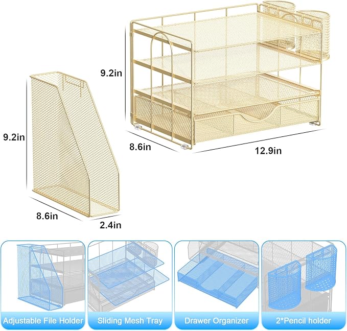 gianotter Desk Organizers and Accessories with File Holder, 4-Tier Desk Accessories & Workspace Organizers with Drawer and 2 Pen Holder, Paper Organizer for Office Supplies(Gold) - Image 5