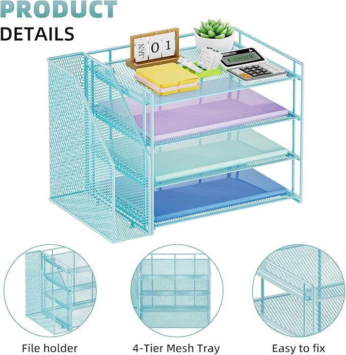 Marbrasse 4-Tier Paper Tray Organizer with File Holder, Blue | Sturdy Paper Tray, Built-in File Holder, fits Letters/Docs, Saves Desk Space, for School/Office/Home - Image 3