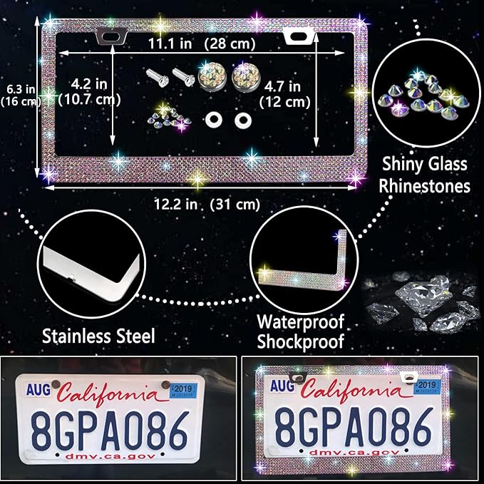 NBTEPEM 27 PCs Multicolor Bling Car Accessories Set for Women, Steering Wheel Covers Universal Fit 15 Inch, Bling License Plate Frame, Bling Phone Holder, Bling Car Coasters - Image 3