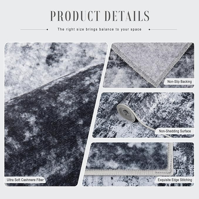 6x9 Area Rug Living Room Rug: Washable Modern Abstract Soft Thin Rug Indoor Floor No Slip Stain Resistant Carpet for Bedroom Dining Room Farmhouse Nursery Home Office - Black - Image 5