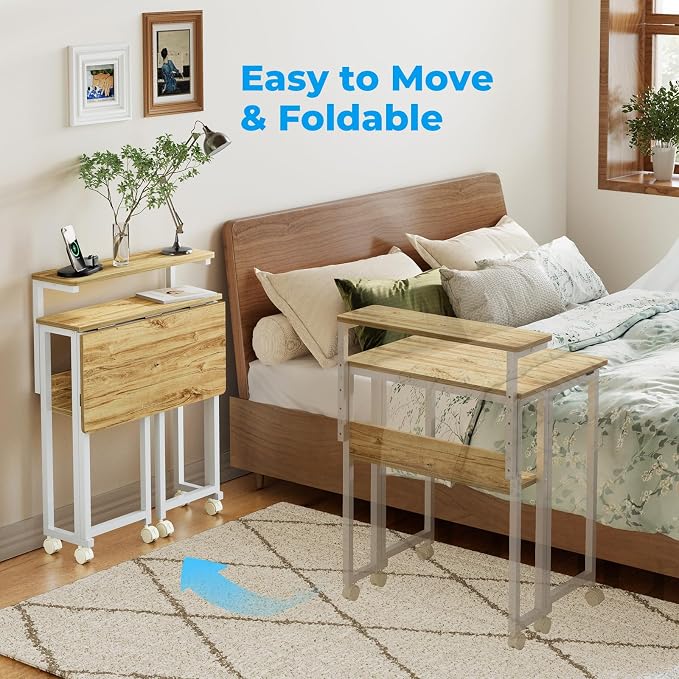 GreenForest Folding Desk with Adjustable Monitor Stand, 24.8 in Small Desk | Storage Shelf, Lockable Wheels, Portable, Space Saving, Mobile Rolling Table for Small Spaces, Home Office, Writing, Oak - Image 6