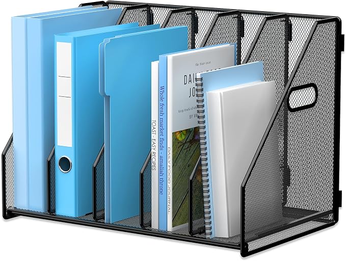 MINDEPOT Desk File Organizer Folder Holder with 5 Vertical for Office Black | Sturdy Metal Mesh, Magazine Folder Holder, Rack File Organizer for Home School, 5 Vertical Compartments by MINDEPOT