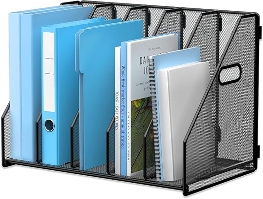 MINDEPOT Desk File Organizer Folder Holder with 5 Vertical for Office Black | Sturdy Metal Mesh, Magazine Folder Holder, Rack File Organizer for Home School, 5 Vertical Compartments by MINDEPOT