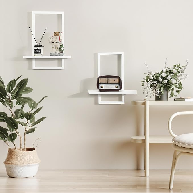 PHOENANCEE Square Wall Shelf,Framed Floating Shelves Set of 2,Decorative Plants Hanging Display Chic for Living Room Bedroom Bathroom Home Office,Soild Wood,L+S,White - Image 2