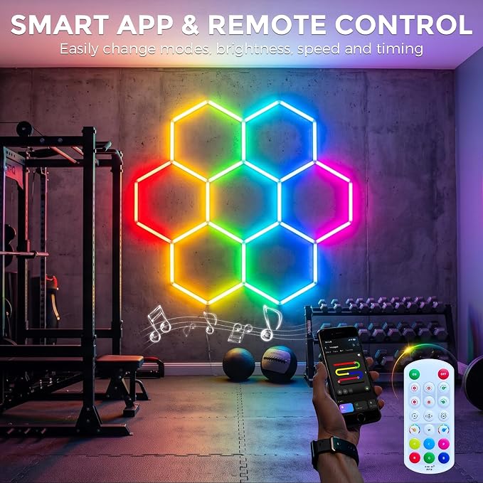 RGB Hexagon Garage Lights 7 Hex, Duplex Signal RGB Hexagon Led Lights with Music Sync Mode, Easy Setup RGB Ceiling Lights for Garage, Gym, Studio, Gaming Room, Party, Bar - Image 4
