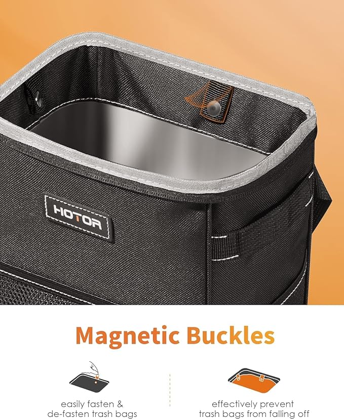 HOTOR Car Trash Can with Lid and Storage Pockets - 100% Leak-Proof Organizer, Waterproof Garbage Can, Multipurpose Trash Bin for Car, 2 Gallons, Black - Image 2