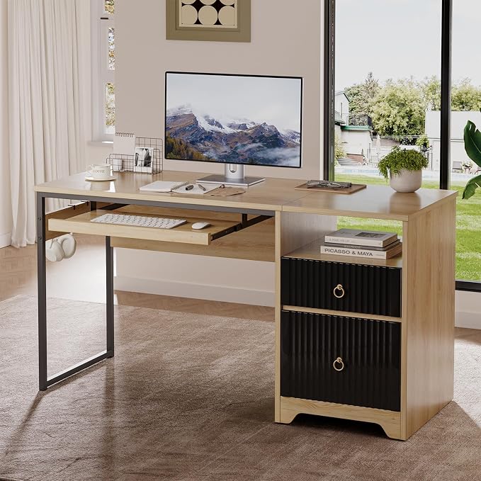 Bestier 55 Inch Office Desk with Fluted Panel & Keyboard Tray, Natural Oak | 55 X 22 In Work Surface, File Drawer, Reversible Pedestal, Fluted Panels And Keyboard Tray For Home Office Storage. - Image 2