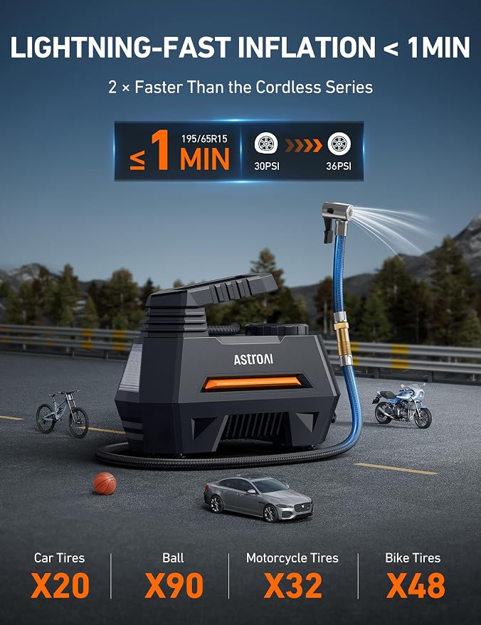 AstroAI AIRUN H Tire Inflator Portable Air Compressor,Fast Inflation Electric Air Pump for Car Tires-Car Accessories,9.8Ft Cord-12VDC-Powered Auto Shut-Off with Digital Pressure Gauge,LED Light,Orange - Image 2