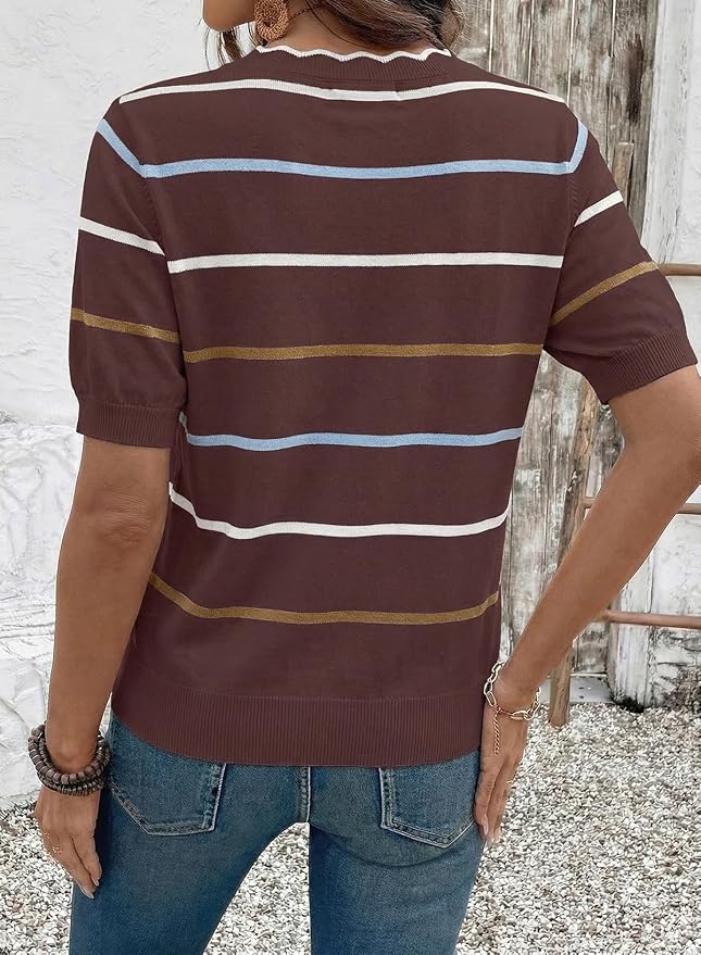 Dokotoo Womens Summer Short Sleeve Knit Tops 2026 Spring Trendy Casual V Neck Striped Sweater Blouses - Image 3