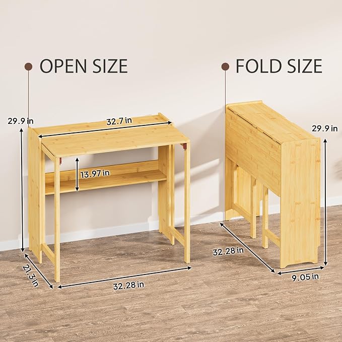 Bamboo Folding Desk for Small Spaces, Small Computer Foldable Desk, Natural | Space Saving Desk for Bedroom Home Office, Mid Century Sofa Table for Couch, Writing Work Office Desk - Image 2