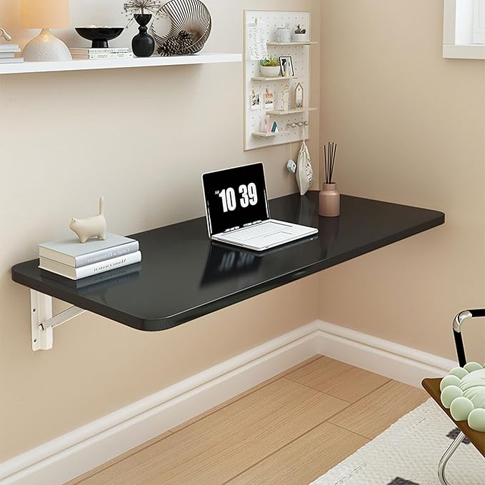 Wall Mounted Folding Table,Floating Desk for Wall,Hanging Fold Down Table for Home Laundry Room,Office Computer Workstation,Study Work Bench, Kitchen Dining (Black 27.6×15.7inch by SKVSKV