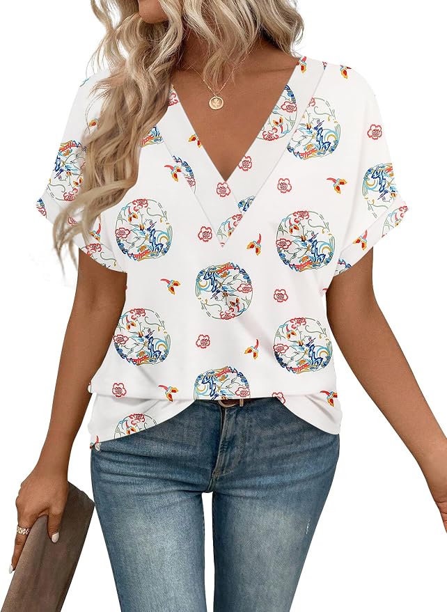 T Shirts Short Sleeve V Neck Tees Womens Tops Beach Vacation Fashion Clothes 2026 Casual Summer Spring Fall Outfits by EyMuseWomensTops