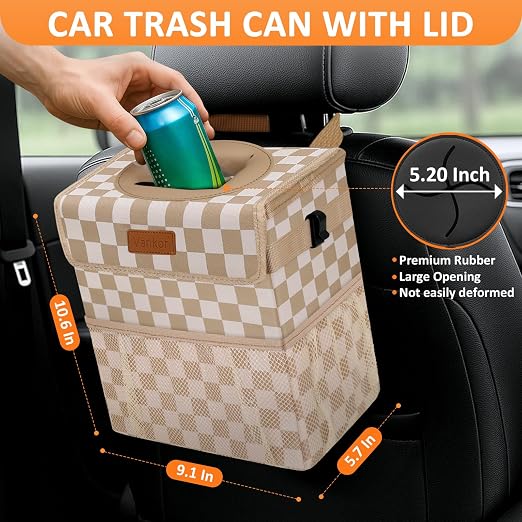 Vankor Car Trash Can Bin with Lid Hanging for Back Seat, Car Accessories for Women Men Leak Proof Automotive Garbage Cans Leakproof Vehicle Trash Can for Truck SUV,Khaki Checkered - Image 2