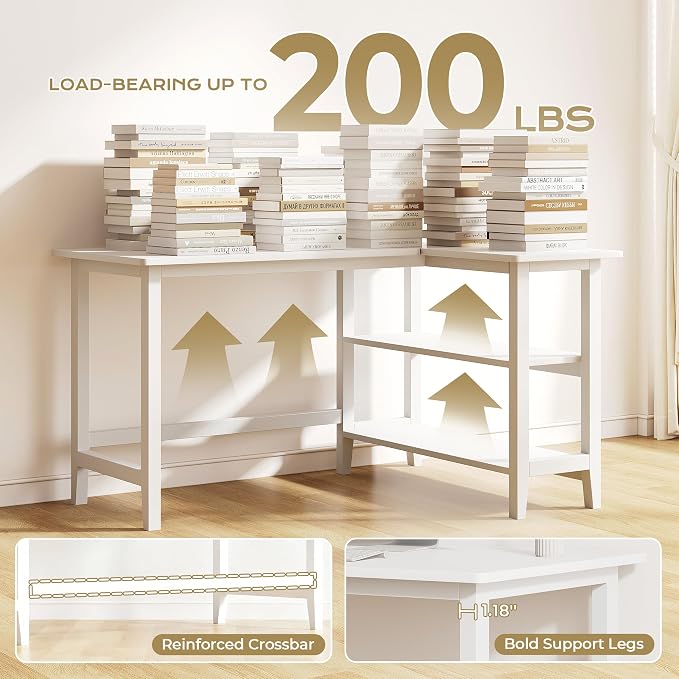 IOTXY Reversible L-Shaped Office Desk - 45" Compact Corner Computer Table with Storage Shelves, Solid Wood Legs, Writing & Study Workstation for Small Spaces, White - Image 6