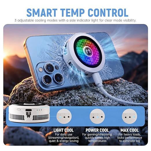 Phone Cooler for Gaming, Low Noise USB Cell Phone Cooler with Smart Temp Control, Phone Cooling Fan with RGB LED Lights, Magnetic Ring & Clip Fan for Phone Gaming & Streaming (White) - Image 4