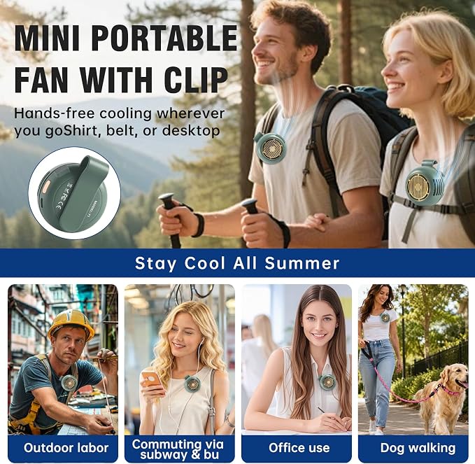 Wearable Waist Fan Rechargeable, 360° Rotating Clip-On Personal Fan 5-Speed Bladeless Portable Cooling Fan for Shirt, Outdoor Work, Construction, Camping, Gardening,Office, Travel Essentials Green - Image 6