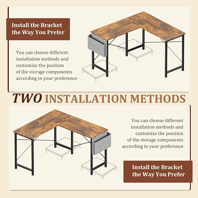 Alpen Corner Desk, 50 Inch L Shaped Gaming Desk with Storage Pocket and CPU Stand, Work Desk for Home Office, Small Corner Study Writing Table with Sturdy Metal Frame, Rustic Brown - Image 4