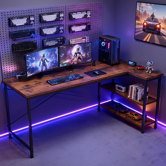 DUMOS 55 Inch L Shaped Desk, Computer Gaming Corner Desks with Shelves | Home Office PC Table, Writing Working Study Desk for Bedroom Dorm, Reversible Design, Rustic Brown - Image 2
