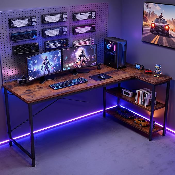 DUMOS L Shaped Desk, 39 Inch Computer Gaming Corner Desks with Shelves | Home Office PC Table, Writing Working Study Desk for Bedroom Dorm, Reversible Design, Rustic Brown - Image 2