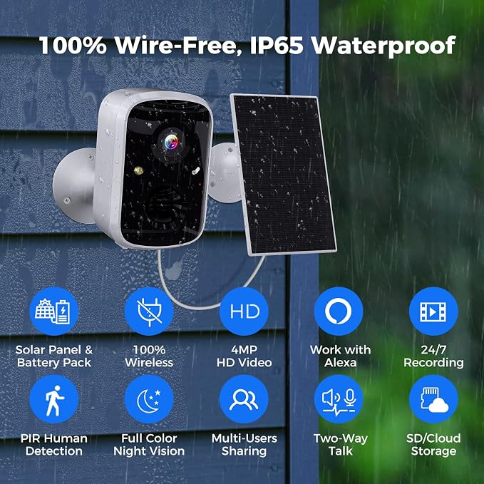 Hiseeu Solar Security Cameras Wireless Outdoor, Battery Powered 3K 4MP Surveillance Indoor WiFi Smart Cameras for Home Security Outside, Motion Detection, Waterproof, Color Night Vision, 2-Way Audio - Image 2