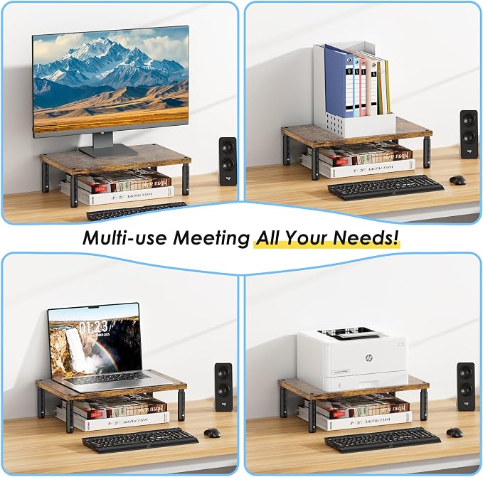 ECOLOVI Adjustable Wood Computer Monitor Stand Riser, Office Desk Organizer and Accessories for Monitor, Laptop, PC, Printer, Office Desk Accessories Workspace Organizer for Home Office Supplies, Brown - Image 4