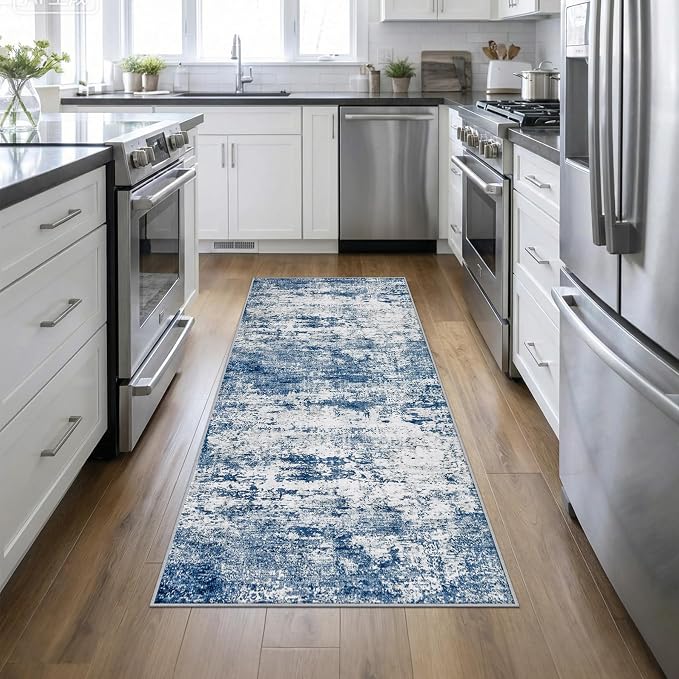 Washable Area Rug 3x8 Entryway Rug: Washable Modern Abstract Soft Thin Rug Indoor Floor No Slip Stain Resistant Carpet for Bedroom Dining Room Farmhouse Nursery Home Office - Blue by FXRHLP