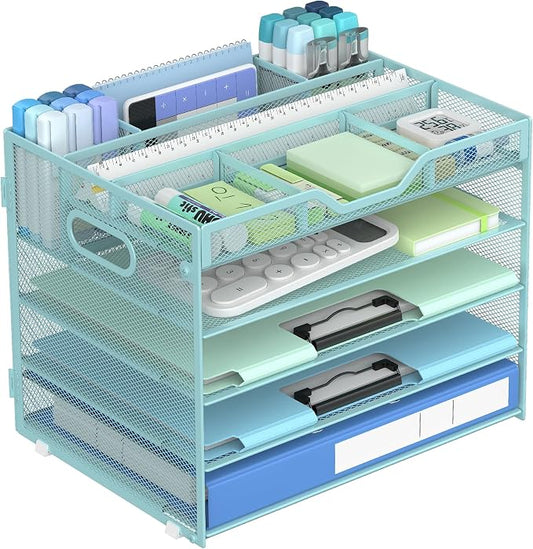 Docnest 5 Tier Mesh Desk Organizer with Removable Tray&Pen Holder, Blue | Features 3 detachable pen holders and 4 removable dividers.Versatile mesh desktop storage for mail, document,office supplie by DocNest