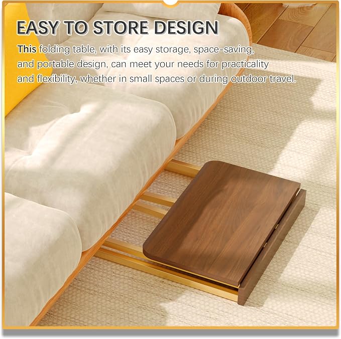 4NM 23.6" Mobile Small Folding Desk, Foldable Rolling Computer Home Office Desk, Study Writing Table for Small Space Saving Bedroom, with Wheels - Brown and Gold - Image 5