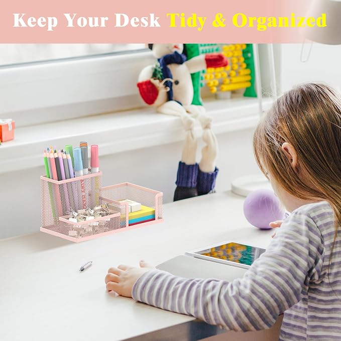 SUPEASY Mesh Pen Holder Desk Organizer, Office Supplies Pencil Storage with 3 Compartments, Office Desk Accessories and Workspace Organizers for Home School Classroom, Pink - Image 5