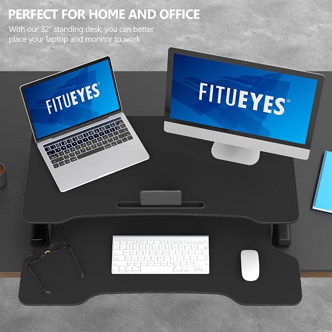 FITUEYES Height Adjustable Standing Desk 32” Wide Sit to Stand Converter Stand Up Desk Tabletop Workstation for Dual Monitor Riser FSD308001WB - Image 3