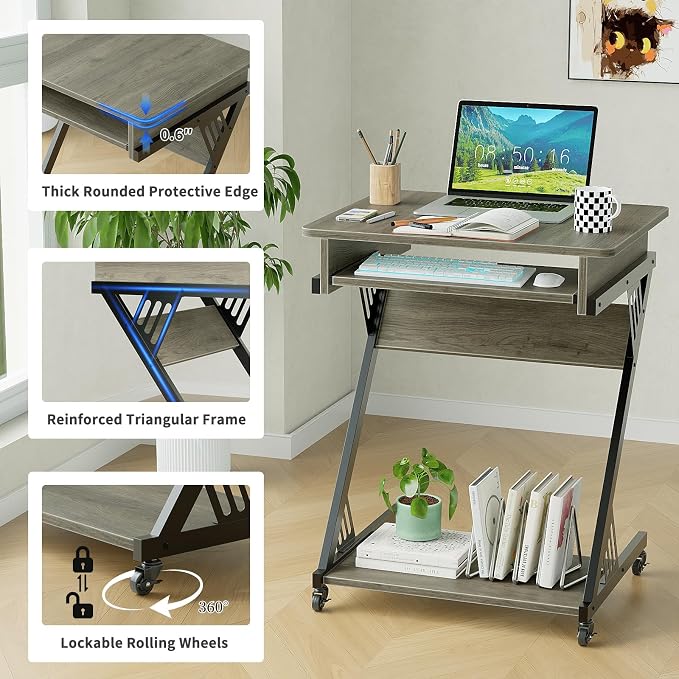 ALISENED Computer Desk for Small Spaces Compact Desk with Keyboard Tray | 23.6" Z-Shaped, with Wheels and Bottom Shelves, for Home Office, Computer Cart Mobile Laptop Cart, Grey - Image 6