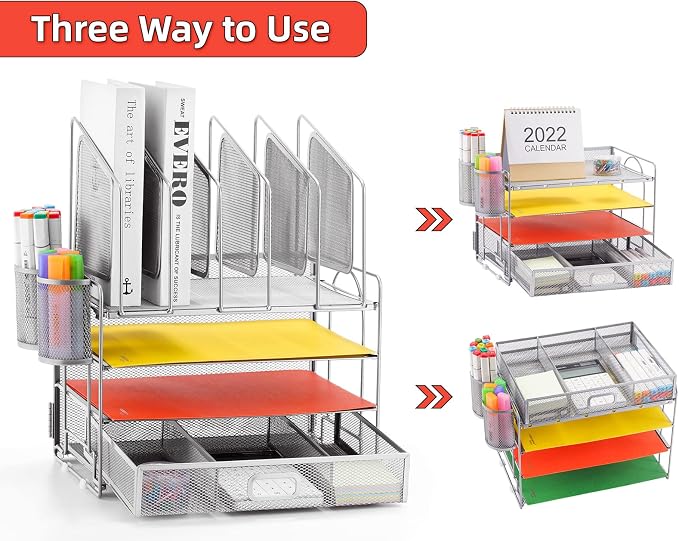 Marbrasse Desk Organizers, 4-Tier Mesh Desk File Organizer with 5 Vertical File Holders and 2 Pen Holders, Multifunction Desktop Organizer,Desk Organizers and Accessories for Home Office (Silver) - Image 4